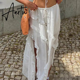 Y2K White Trim Midi Skirts Women Split Low Waisted Tie Up Long Skirts Women Fairycore Summer French Skirts Holiday Beach Aiertu