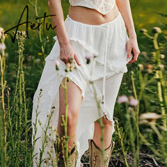 Y2K White Trim Midi Skirts Women Split Low Waisted Tie Up Long Skirts Women Fairycore Summer French Skirts Holiday Beach Aiertu