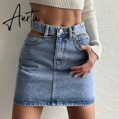 Y2K Women's Denim Skirt Fashion High Waist Hollow Button Skirt Female Casual Pocket Slim A-line Skirts Aesthetic Clothes Aiertu