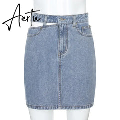Y2K Women's Denim Skirt Fashion High Waist Hollow Button Skirt Female Casual Pocket Slim A-line Skirts Aesthetic Clothes Aiertu
