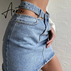 Y2K Women's Denim Skirt Fashion High Waist Hollow Button Skirt Female Casual Pocket Slim A-line Skirts Aesthetic Clothes Aiertu