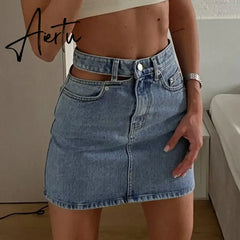 Y2K Women's Denim Skirt Fashion High Waist Hollow Button Skirt Female Casual Pocket Slim A-line Skirts Aesthetic Clothes Aiertu