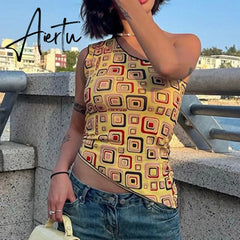 Yellow Geometry Print One Shoulder Tank Top Women Vintage Slim Fit Asymmetric Vest Harajuku Grunge Crop Top Summer Streetwear Aiertu