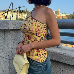Yellow Geometry Print One Shoulder Tank Top Women Vintage Slim Fit Asymmetric Vest Harajuku Grunge Crop Top Summer Streetwear Aiertu