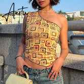 Yellow Geometry Print One Shoulder Tank Top Women Vintage Slim Fit Asymmetric Vest Harajuku Grunge Crop Top Summer Streetwear Aiertu