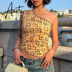 Yellow Geometry Print One Shoulder Tank Top Women Vintage Slim Fit Asymmetric Vest Harajuku Grunge Crop Top Summer Streetwear Aiertu