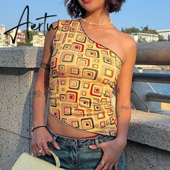 Yellow Geometry Print One Shoulder Tank Top Women Vintage Slim Fit Asymmetric Vest Harajuku Grunge Crop Top Summer Streetwear Aiertu