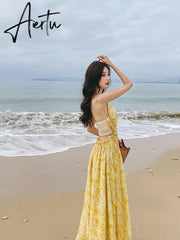 Yellow V-neck Spaghetti Strap Club Party Sexy Dresses Women Summer Bodycon Corset Dress Backless Long A-line Dress Print Aiertu