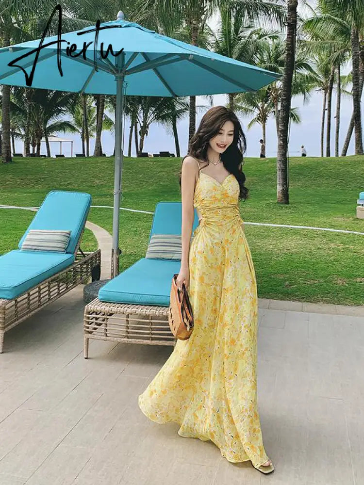Yellow V-neck Spaghetti Strap Club Party Sexy Dresses Women Summer Bodycon Corset Dress Backless Long A-line Dress Print Aiertu