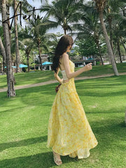 Yellow V-neck Spaghetti Strap Club Party Sexy Dresses Women Summer Bodycon Corset Dress Backless Long A-line Dress Print Aiertu
