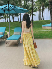Yellow V-neck Spaghetti Strap Club Party Sexy Dresses Women Summer Bodycon Corset Dress Backless Long A-line Dress Print Aiertu