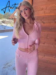 Zipper Lace-up Hoodies+Pant Sets 2023 Women Slim-fit Solid Cardigan Street Temperament Casual Femme Sweatshirt Suits Aiertu