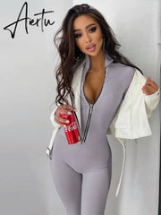 Zipper Neck Solid Long Sleeve Jumpsuit Women Fall Slim Monos Mujer Elegante комбинезон женский Combinaison Femme Aiertu