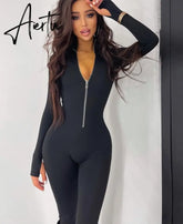Zipper Neck Solid Long Sleeve Jumpsuit Women Fall Slim Monos Mujer Elegante комбинезон женский Combinaison Femme Aiertu