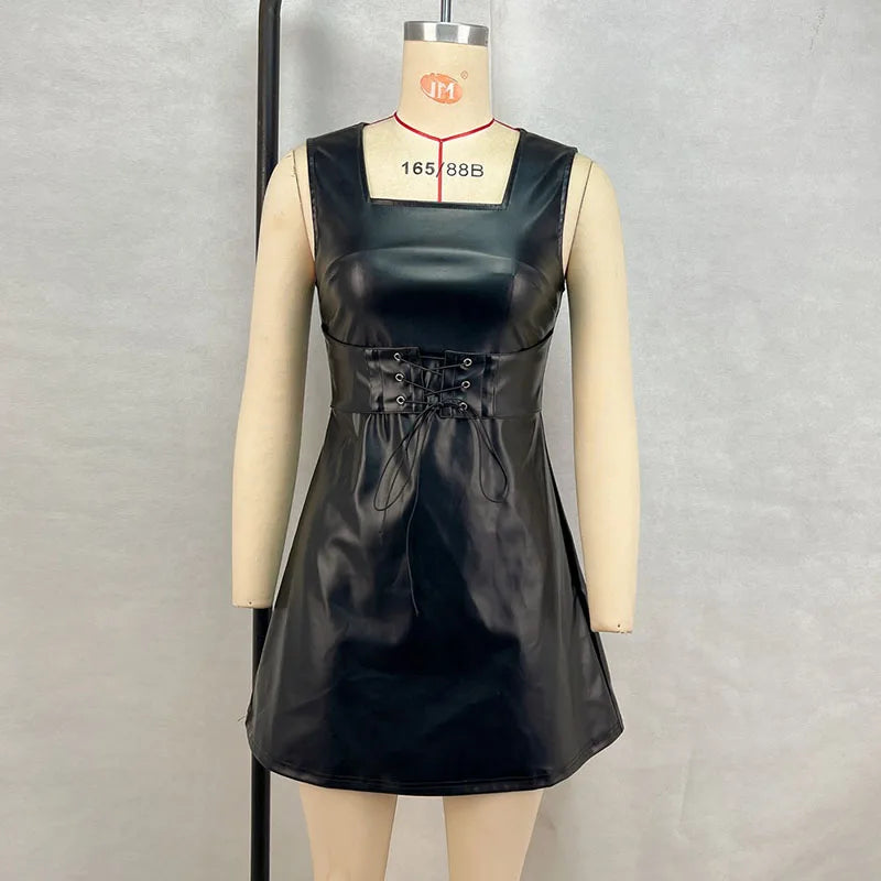 Aiertu  -  Fashion PU Leather Dresses Women Sleeveless Strap Zipper Square Collar Mini Dress Vintage High Waist Female Evening Party Robes Aiertu