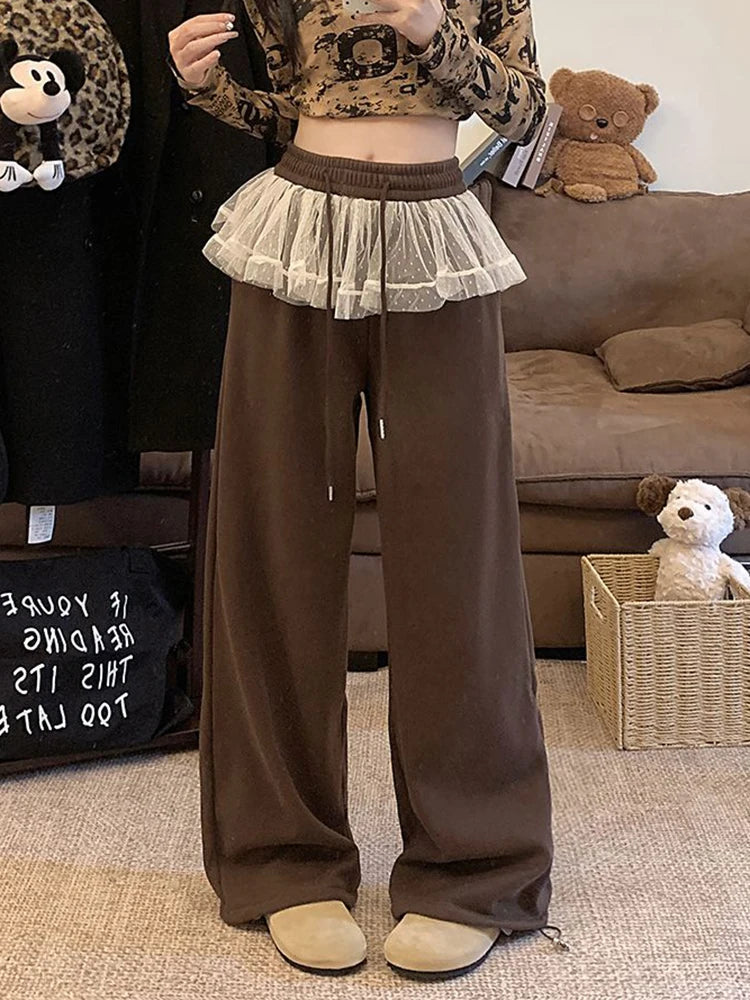 Aiertu  Lace Patchwork Sweet Pants Women Korean Fashion High Waist Loose Trousers Casual Design Lady Lace Up Spring Wide Leg Pants Aiertu