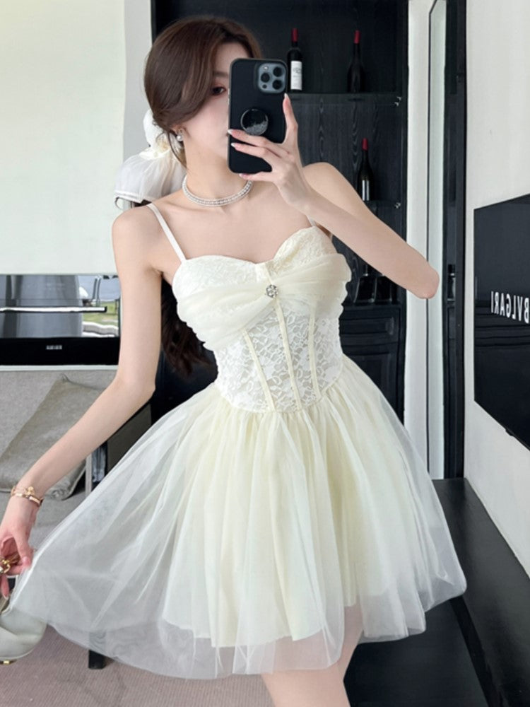 Aiertu  Women Summer Elegant Lace Mesh Strap Princess Dress Korean High Waist A-Line Mini Dresses Birthday Evening Party Chic Ball Gown Aiertu