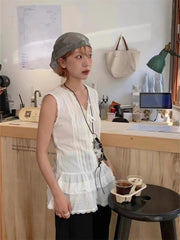 Aiertu  -  Summer Sweet Lace Patchwork Loose Vest Women Grunge Cute Sleeveless Y2k Aesthetic Tops Harajuku Bandage Bow Tank Top Vintage Aiertu