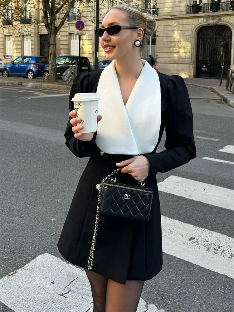 Aiertu  -  Contrast Color Lapel Suit Dress Elegant Office Woman Outfits Pleatd Splice High Waist Mini Dress Double Breasted Fashion Aiertu