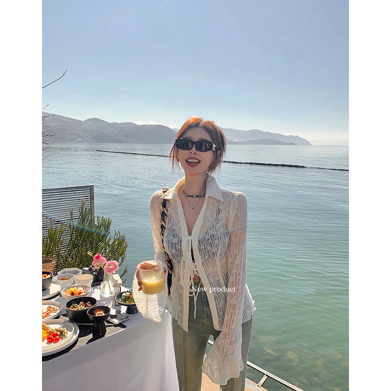 Aiertu Y2K Lace Thin Shirt Women Sexy Sunscreen See Through Slim Blouses Vintage Skinny Casual Crop Tops Sun Protection Cardigan Aiertu