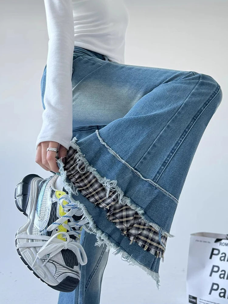 Aiertu  -  2000s Distressed Bootcut Cake Pants Women Vintage Patchwork Plaid Whiskers High Waist Flare Jeans Kawaii Bell Bottoms Aiertu