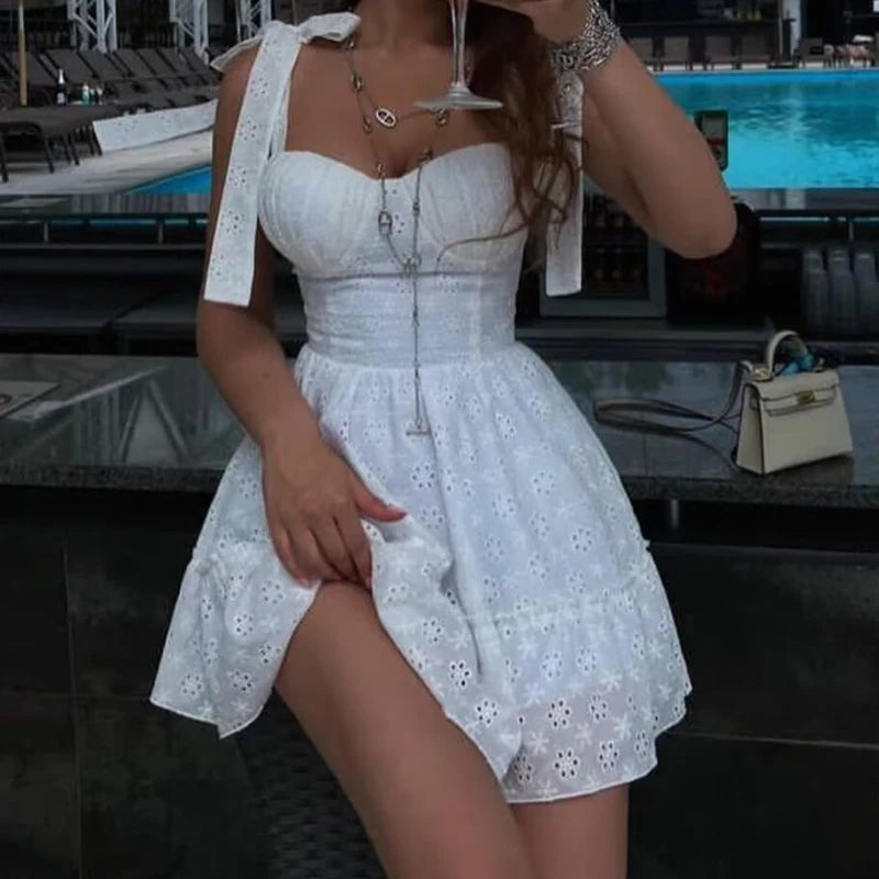 Aiertu  -  Summer 2025 Women Hollow Out Embroidery Sling Mini Dresses Lacing Up Back A-line Cotton Black White Short  Dresses Party Robe Aiertu