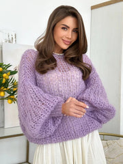 Aiertu  -  Fashion Women Purple Cut Out See Through Loose Knitwear Fashion O Neck Lantern Long Sleeves Pullover Casual Lady Street Jumper Aiertu