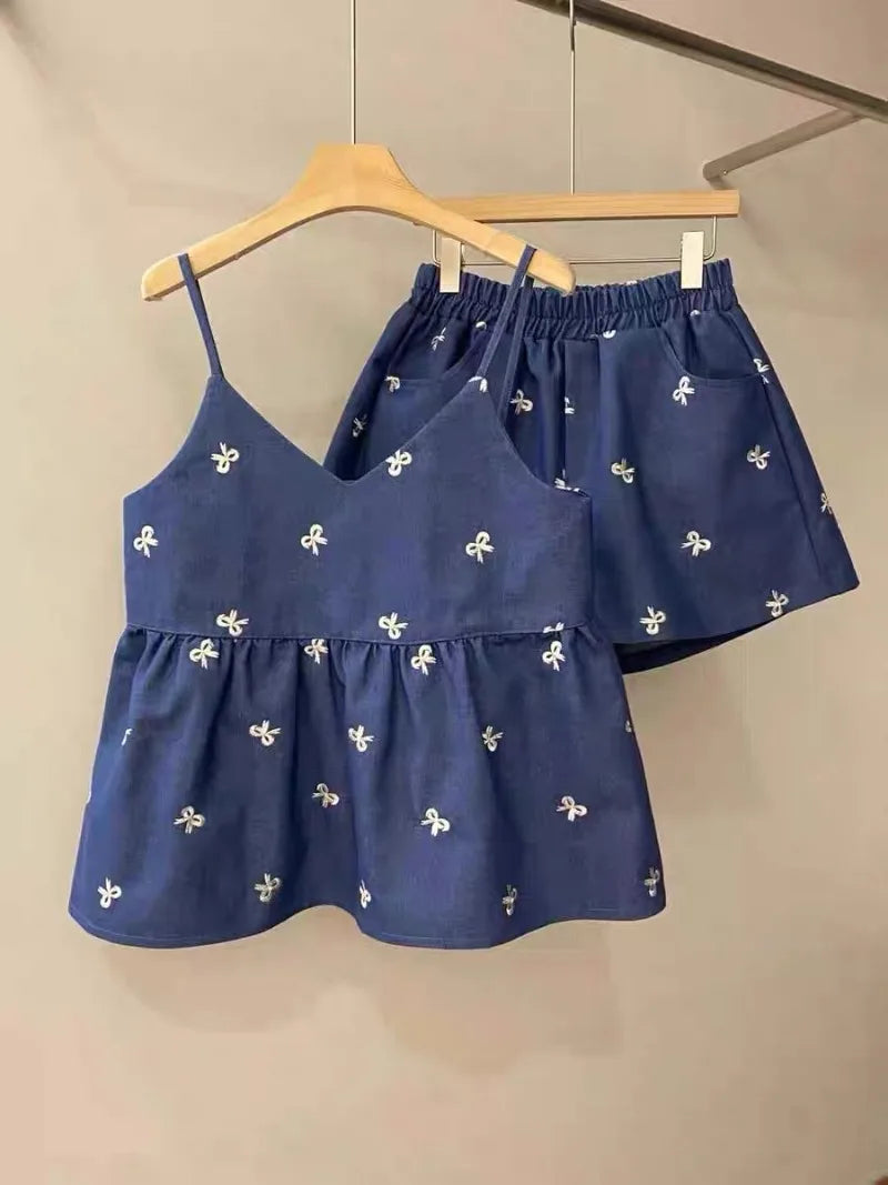 Aiertu  -  Sweet Hot Girl Denim Suit Women's Summer Embroidered Bow Strap Vest High Waist Shorts Two-piece Set Fashion Female Clothes Aiertu