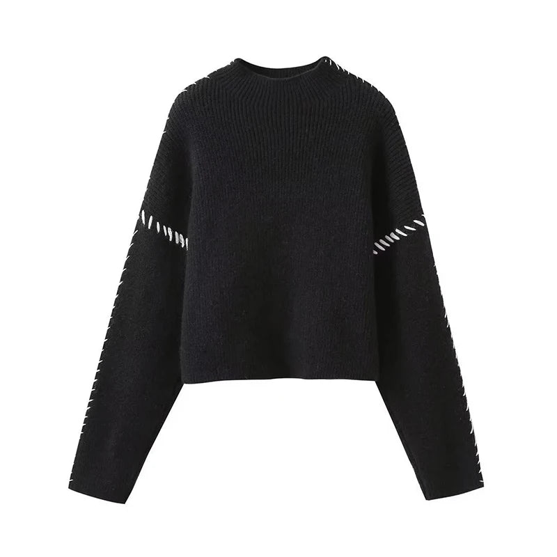 Aiertu  -  Contrast Patchwork Topstitch Sweater Female Pullovers 2026 Autumn Round Collar Warm Knitted Top Chic Long Sleeve Loose Aiertu
