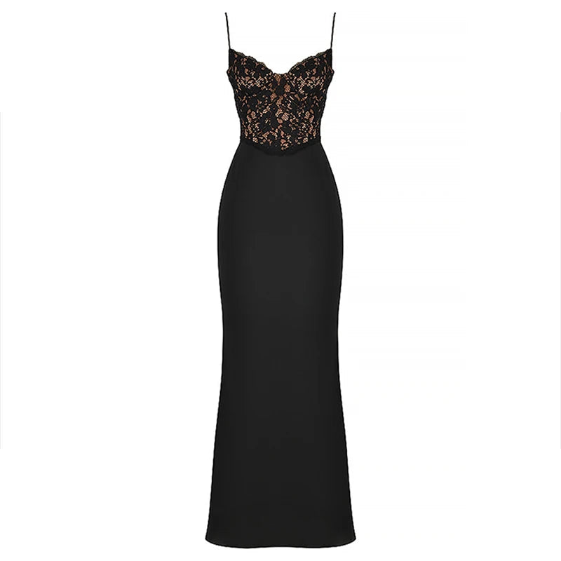 PICSGIRL - Sexy Lace Satin Patchwork Women's Fishtail Gowns 2024 Straps Sleeveless V Neck Open Back Sheath Long Dresses Party Clothing Aiertu
