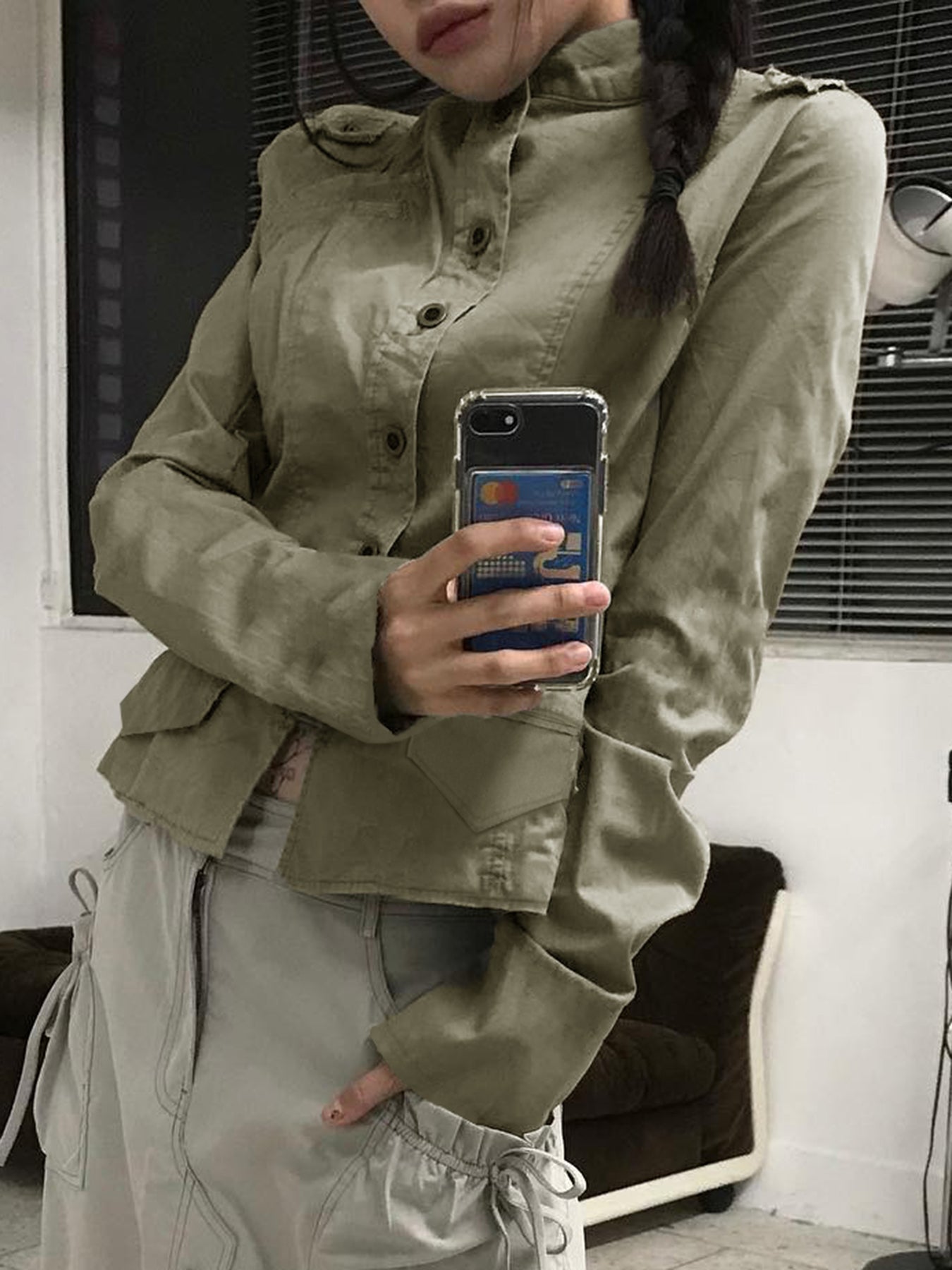 Aiertu - summer inspo Retro Green Slim Cargo Jackets Women Button Up Stand Collar Long Sleeve Autumn Korean New Fashion Outwear Aiertu