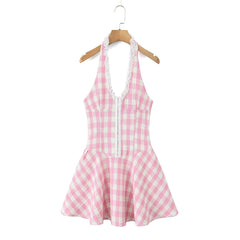 Aiertu  -  Sexy Gingham Pink Plaid Spliced Wood ears Lace Halter Dress Women V neck Slim Low Waist Swing Ball Gown Short Dresses Robe Aiertu