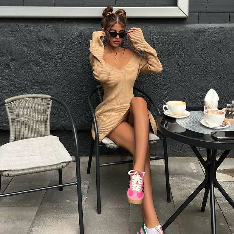 Aiertu  -  Autumn Winter Sweater Dress Sexy Off-Shoulder Women's A-Line Hem Elegant Rib Knit Mini Dresses Long Sleeve Higt Waisted Aiertu