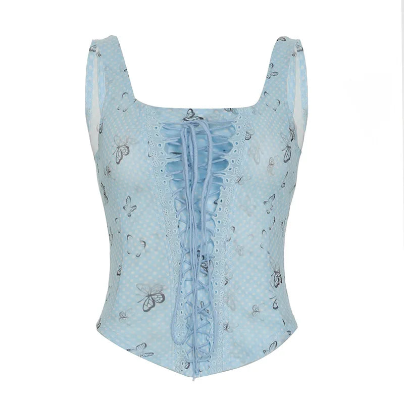 Aiertu  -  Spring Dream Blue Butterfly Printing Contrast Color Mesh Splicing Waist Strap Design Pure Desire Sling Vest Y2K Aiertu