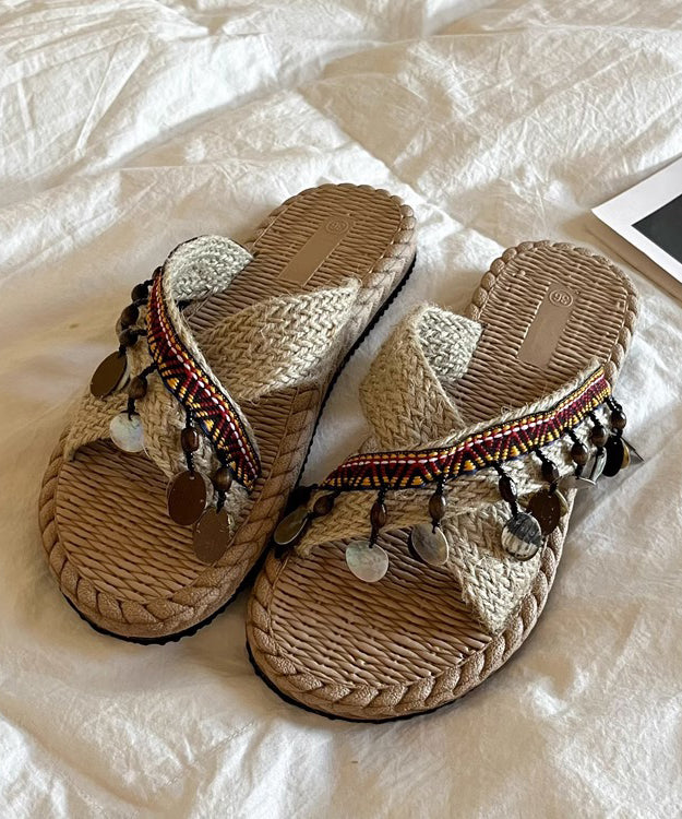 Aiertu  Knit Fabric Boho Splicing Tassel Peep Toe Slide Sandals Aiertu