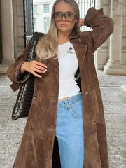 Aiertu  -  Female Retro Jacket Elegant Brown Belted Waist Long Coat Double Breasted High Street Autumn Fashion Full Sleeve Outwear Aiertu