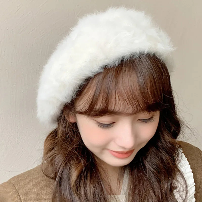 Aiertu  -  Winter Rabbit Fur Soild Color Beret Hats Women For Adjustable Elastic Band Warm Beret Elegant Soft French Artist Beanie Hat Girl Aiertu