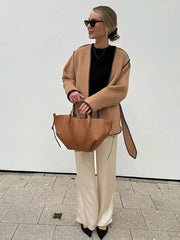 Aiertu  -  Women Fashion With Belt Wool Loose Coat Casual V Neck Long Sleeve Patchwork Overcoat 2026 Lady Autumn Winter Streetwear Coats Aiertu