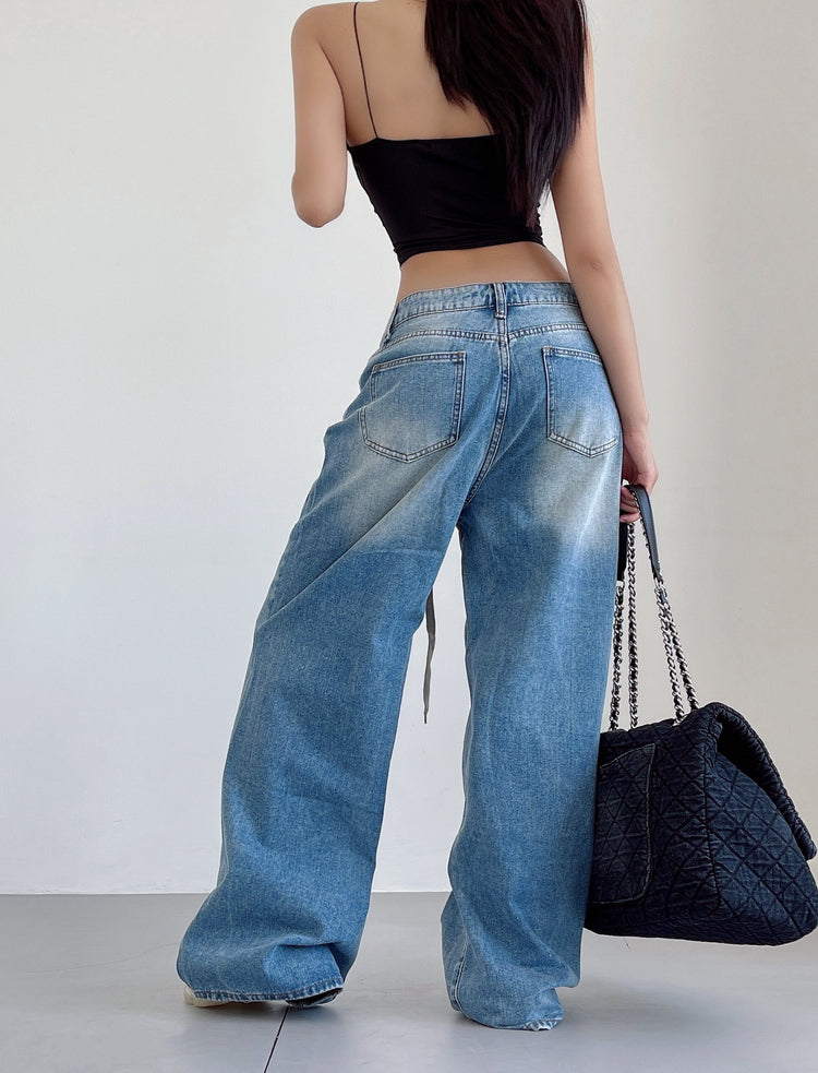 Aiertu Denim Blue Washed Low Rise Straight Leg Jeans Pants Aiertu