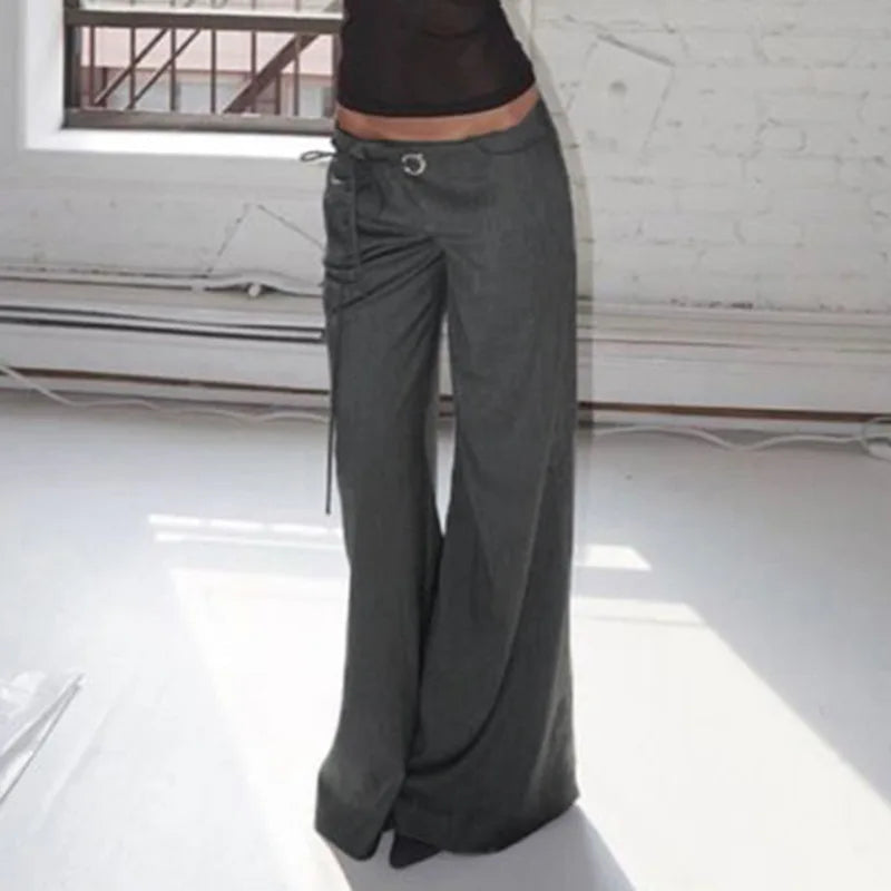 Aiertu  -  Lace-up Low Rise Baggy Pants New Arrivals 2025 Woman Gray Black Wide Leg Trousers Elegant Clothes P77-DA40 Aiertu