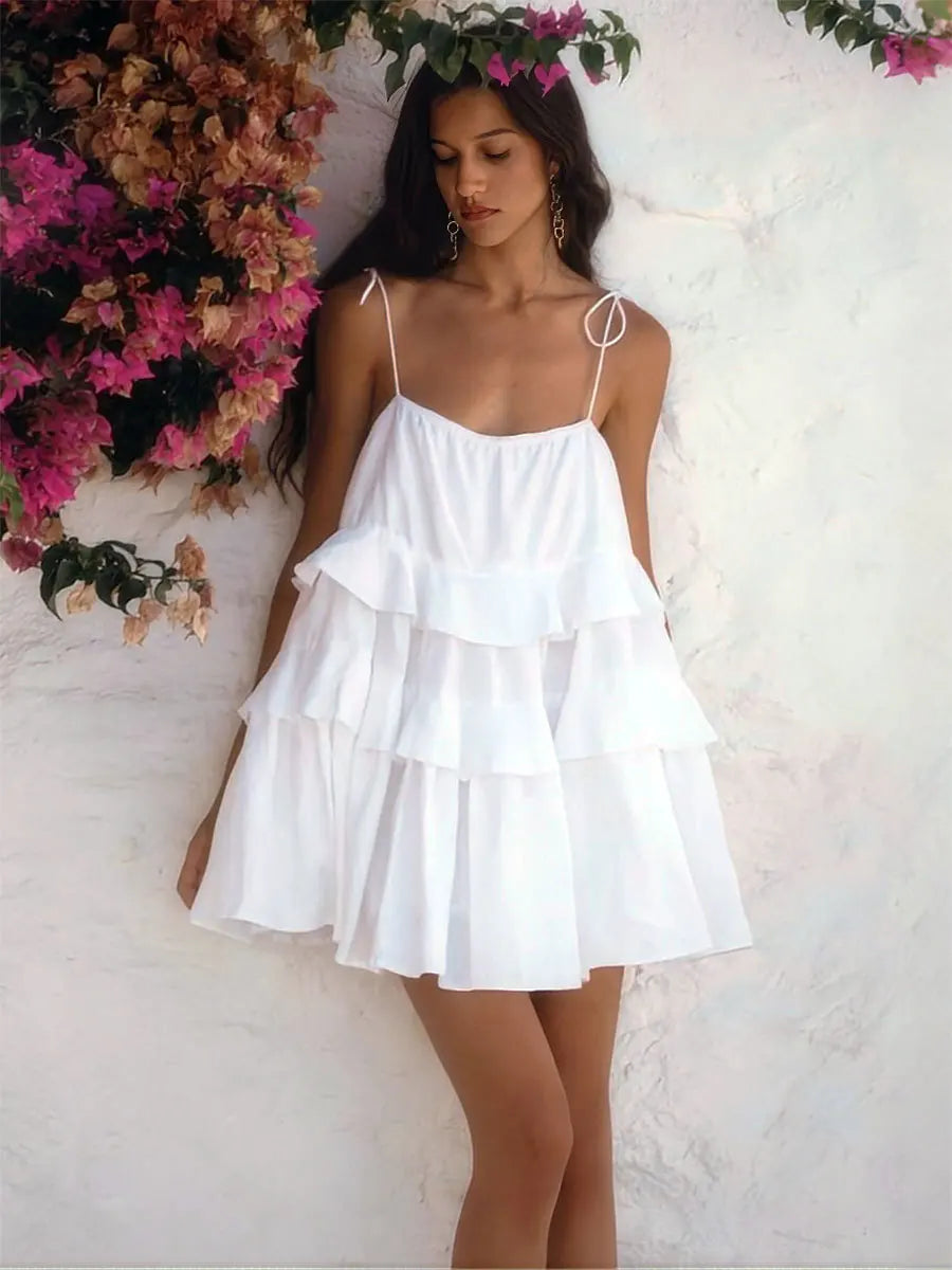 Aiertu  -  Summer Ruffle White Mini Dresses For Women 2026 New Slash Neck Sleeveless Backless Dress Sexy Fashion Holiday Suspender Dresses Aiertu