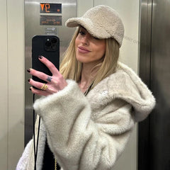 Aiertu  -  casual winter outfits Belted Faux Mink Fur Coat Women 2024 Winter Beige Gradient Furry Fur Jacket Luxury Brand Hooded Warm Outerwear Overcoat Aiertu