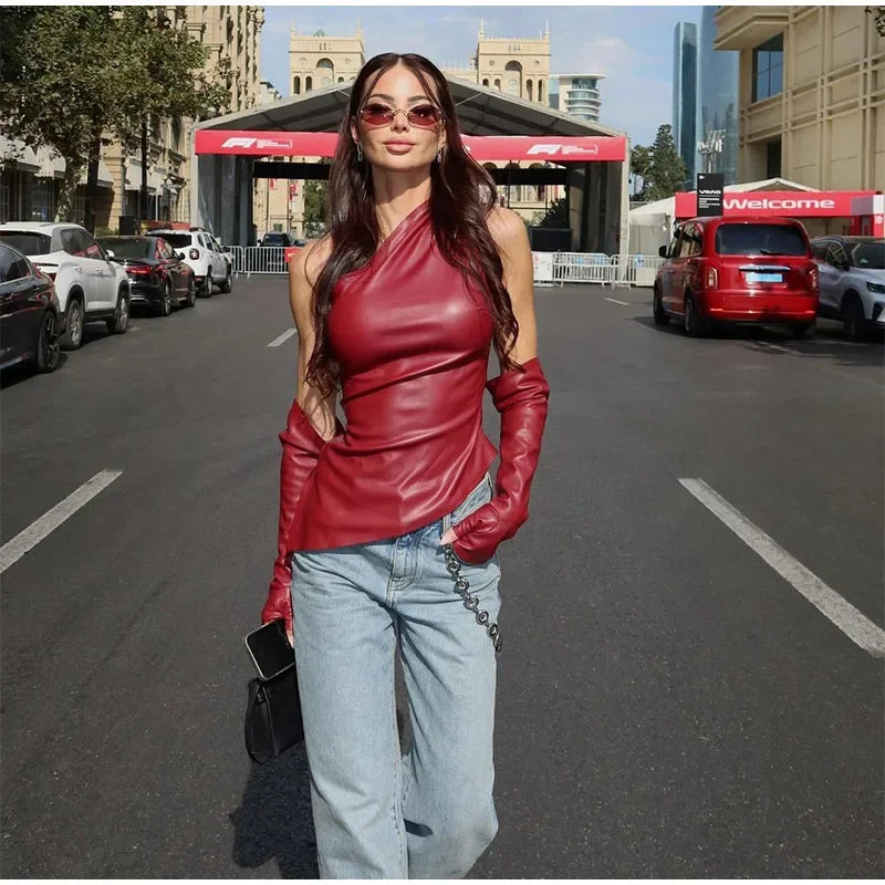 Aiertu     -  Fall Outfits 2026 Slim One Shoulder Leather Waistcoat With Gloves Women Sexy Sleeveless Irregular Vest 2026 Autumn New Lady Chic High Street Tops Aiertu