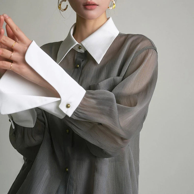 Aiertu Vintage Blouses Women Elegant Sun Proof Sheer Long Sleeve Shirts Office Lady Korean Patchwork Loose Casual Sunscreen Tops Aiertu