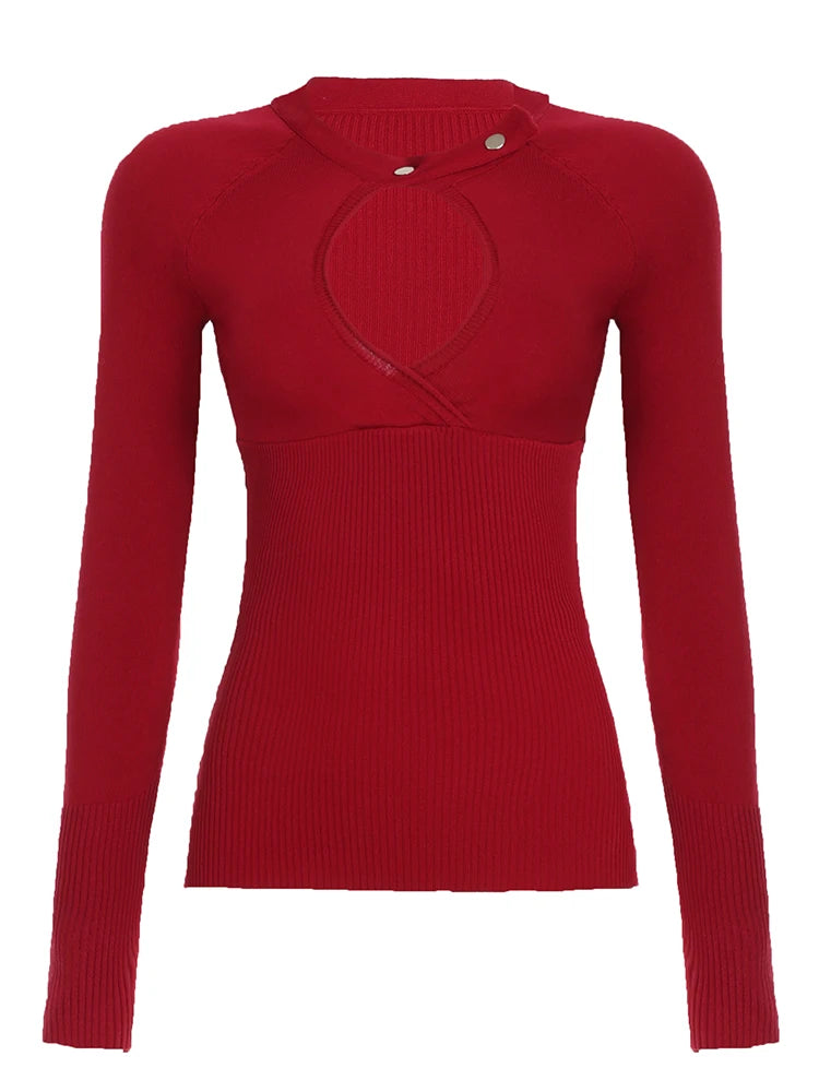 Aiertu  -  Retro Button-up Hollow Out Knitwear Shirts Women Casual Skinny Basic Long Sleeve Cropped Tops Streetwear Tee Shirt Lady Aiertu