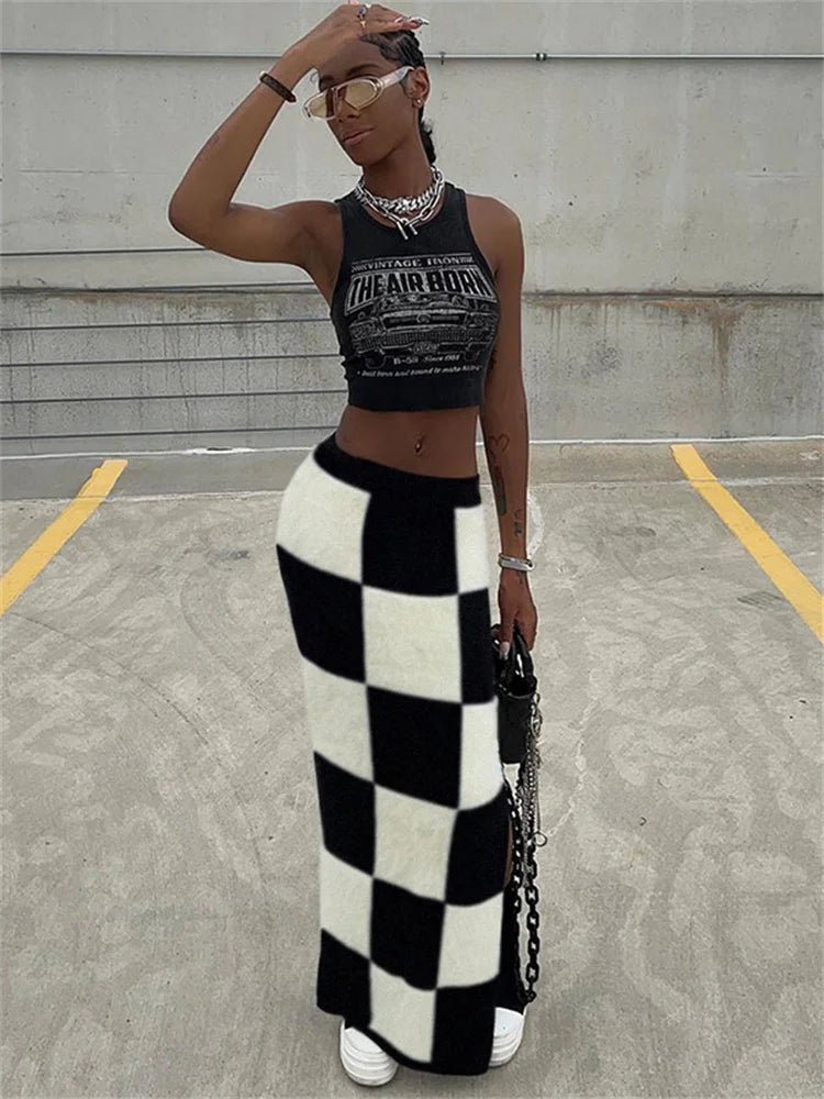 Aiertu  -  Classic Women Skirts Checkerboard Knit Side Split Skinny Vintage Fashion Wild Streetwear High Waist Maxi Straight Skirt Aiertu