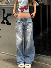 Aiertu  -  Fashion Street Blue Washed Low Rise Straight Jeans Women Summer Retro New Loose Korean Street Casual Wide Leg Jeans Aiertu