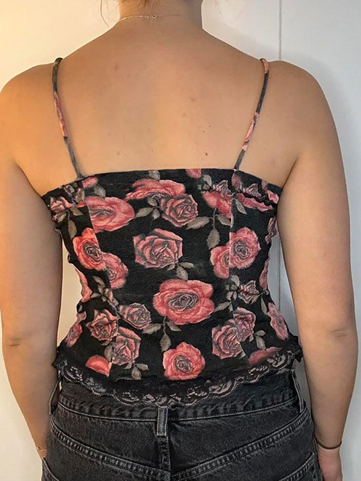Aiertu  -Vintage Rose Print Drawstring Tie Cami Top aiertu