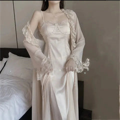 Aiertu  -  layered look inspo Female Long 2PCS Nighty&Robe Sleepwear Set Sexy Long Lace Trim Bathrobe Gown Suspender Nightdress Summer Loose Satin Home Wear Aiertu