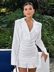 Aiertu  -  Cotton Linen Ruffle Dress Solid Color Suit Collar Deep V Fake Two Pieces Slim Fit Fashion Slimming Short Wrap Hip Dresses Spring Aiertu